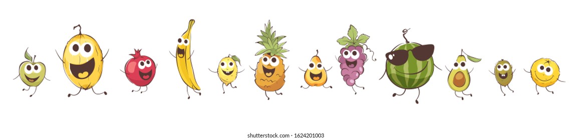 Funny cartoon fruits. Set vector illustrations with comic food.