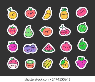 Divertidas frutas de dibujos animados. Marcador de etiqueta. Carácter kawaii. Estilo dibujado a mano. Dibujo de Vector. Colección de Elementos de diseño.