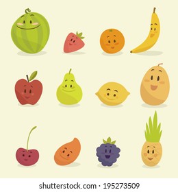 funny cartoon fruits vector illustration, flat style