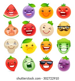 Funny Cartoon Fruits and Vegetables with Different Emotions. Isolated on white background.