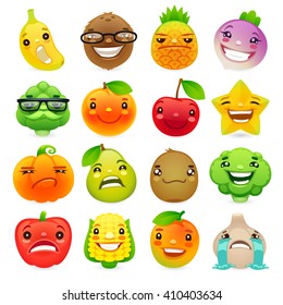 Funny Cartoon Fruits and Vegetables with Different Emotions Set2. Isolated on white background. Clipping paths included.