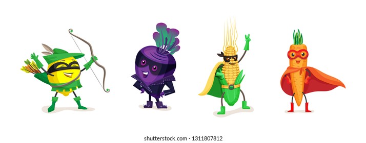 Funny cartoon fruits and vegetables in superhero costumes. Healthy eating, organic products, vegetarian food. Cute lemon, beet, corn, carrot, in superhero cloaks and masks. Vector illustration.