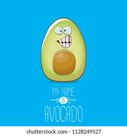 funny cartoon funky green avocado character isolated on blue background. My name is avocado vector concept. vector healthy summer funky fruit character