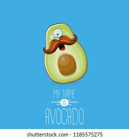 funny cartoon funky green avocado character isolated on blue background. My name is avocado vector concept. vector healthy summer funky fruit character