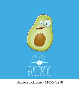 funny cartoon funky green avocado character isolated on blue background. My name is avocado vector concept. vector healthy summer funky fruit character