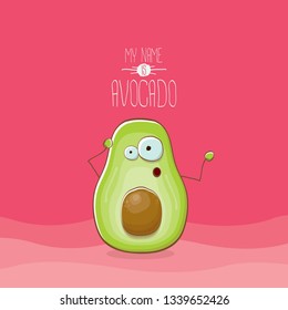 funny cartoon funky green avocado character isolated on pink background. My name is avocado vector concept. vector healthy summer funky fruit character 