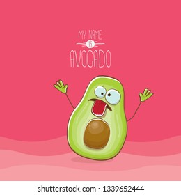 funny cartoon funky green avocado character isolated on pink background. My name is avocado vector concept. vector healthy summer funky fruit character 