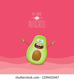 funny cartoon funky green avocado character isolated on pink background. My name is avocado vector concept. vector healthy summer funky fruit character 