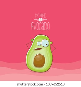 funny cartoon funky green avocado character isolated on pink background. My name is avocado vector concept. vector healthy summer funky fruit character 
