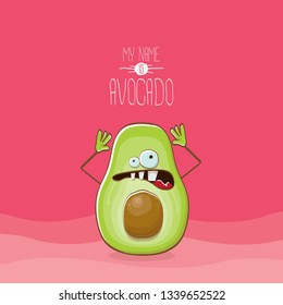 funny cartoon funky green avocado character isolated on pink background. My name is avocado vector concept. vector healthy summer funky fruit character 