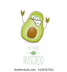 funny cartoon funky green tiny avocado character isolated on white background. My name is avocado vector concept. vector healthy summer funky fruit character