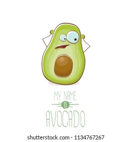 funny cartoon funky green tiny avocado character isolated on white background. My name is avocado vector concept. vector healthy summer funky fruit character