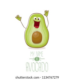funny cartoon funky green tiny avocado character isolated on white background. My name is avocado vector concept. vector healthy summer funky fruit character