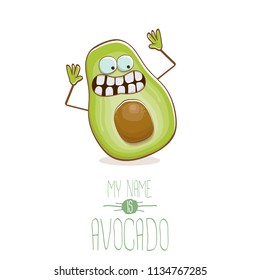 funny cartoon funky green tiny avocado character isolated on white background. My name is avocado vector concept. vector healthy summer funky fruit character