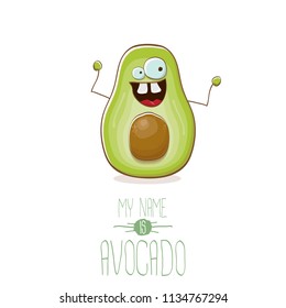 funny cartoon funky green tiny avocado character isolated on white background. My name is avocado vector concept. vector healthy summer funky fruit character