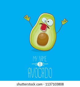 funny cartoon funky green tiny avocado character isolated on blue background. My name is avocado vector concept. vector healthy summer funky fruit character