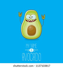 funny cartoon funky green tiny avocado character isolated on blue background. My name is avocado vector concept. vector healthy summer funky fruit character