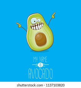 funny cartoon funky green tiny avocado character isolated on blue background. My name is avocado vector concept. vector healthy summer funky fruit character