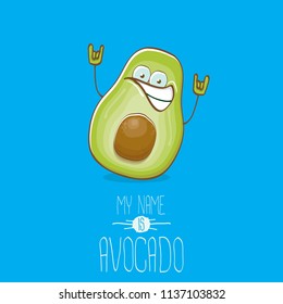 funny cartoon funky green tiny avocado character isolated on blue background. My name is avocado vector concept. vector healthy summer funky fruit character