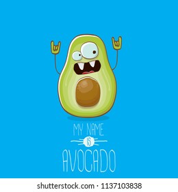 funny cartoon funky green tiny avocado character isolated on blue background. My name is avocado vector concept. vector healthy summer funky fruit character