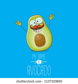 funny cartoon funky green tiny avocado character isolated on blue background. My name is avocado vector concept. vector healthy summer funky fruit character