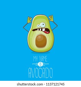 funny cartoon funky green tiny avocado character isolated on blue background. My name is avocado vector concept. vector healthy summer funky fruit character