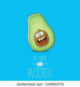 funny cartoon funky green tiny avocado character isolated on blue background. My name is avocado vector concept. vector healthy summer funky fruit character