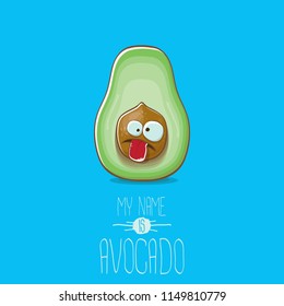 funny cartoon funky green tiny avocado character isolated on blue background. My name is avocado vector concept. vector healthy summer funky fruit character
