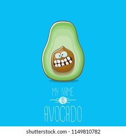 funny cartoon funky green tiny avocado character isolated on blue background. My name is avocado vector concept. vector healthy summer funky fruit character
