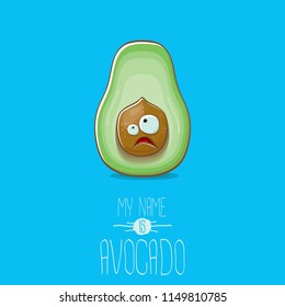 funny cartoon funky green tiny avocado character isolated on blue background. My name is avocado vector concept. vector healthy summer funky fruit character