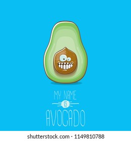 funny cartoon funky green tiny avocado character isolated on blue background. My name is avocado vector concept. vector healthy summer funky fruit character
