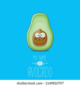 funny cartoon funky green tiny avocado character isolated on blue background. My name is avocado vector concept. vector healthy summer funky fruit character