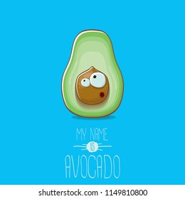 funny cartoon funky green tiny avocado character isolated on blue background. My name is avocado vector concept. vector healthy summer funky fruit character