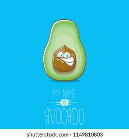 funny cartoon funky green tiny avocado character isolated on blue background. My name is avocado vector concept. vector healthy summer funky fruit character
