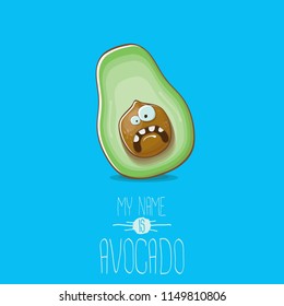 funny cartoon funky green tiny avocado character isolated on blue background. My name is avocado vector concept. vector healthy summer funky fruit character