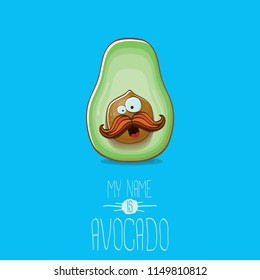 funny cartoon funky green tiny avocado character isolated on blue background. My name is avocado vector concept. vector healthy summer funky fruit character