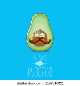 funny cartoon funky green tiny avocado character isolated on blue background. My name is avocado vector concept. vector healthy summer funky fruit character