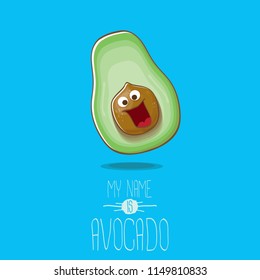 funny cartoon funky green tiny avocado character isolated on blue background. My name is avocado vector concept. vector healthy summer funky fruit character