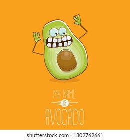 funny cartoon funky green tiny avocado character isolated on orange background. My name is avocado vector concept. vector healthy summer funky fruit character