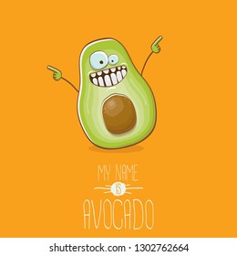 funny cartoon funky green tiny avocado character isolated on orange background. My name is avocado vector concept. vector healthy summer funky fruit character