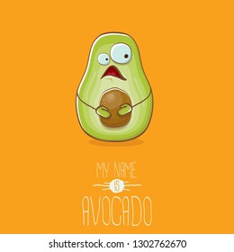 funny cartoon funky green tiny avocado character isolated on orange background. My name is avocado vector concept. vector healthy summer funky fruit character