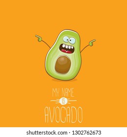 funny cartoon funky green tiny avocado character isolated on orange background. My name is avocado vector concept. vector healthy summer funky fruit character