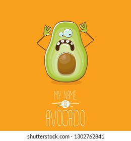 funny cartoon funky green tiny avocado character isolated on orange background. My name is avocado vector concept. vector healthy summer funky fruit character