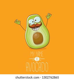 funny cartoon funky green tiny avocado character isolated on orange background. My name is avocado vector concept. vector healthy summer funky fruit character