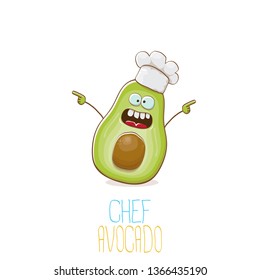funny cartoon funky green tiny chef avocado character with chef hat isolated on white background. My name is avocado vector concept. vector healthy summer funky fruit character with cook hat
