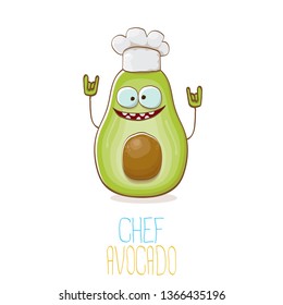 funny cartoon funky green tiny chef avocado character with chef hat isolated on white background. My name is avocado vector concept. vector healthy summer funky fruit character with cook hat