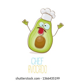 funny cartoon funky green tiny chef avocado character with chef hat isolated on white background. My name is avocado vector concept. vector healthy summer funky fruit character with cook hat