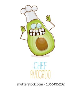 funny cartoon funky green tiny chef avocado character with chef hat isolated on white background. My name is avocado vector concept. vector healthy summer funky fruit character with cook hat