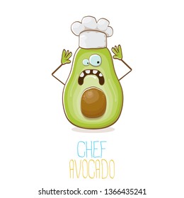funny cartoon funky green tiny chef avocado character with chef hat isolated on white background. My name is avocado vector concept. vector healthy summer funky fruit character with cook hat