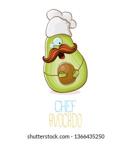 funny cartoon funky green tiny chef avocado character with chef hat isolated on white background. My name is avocado vector concept. vector healthy summer funky fruit character with cook hat